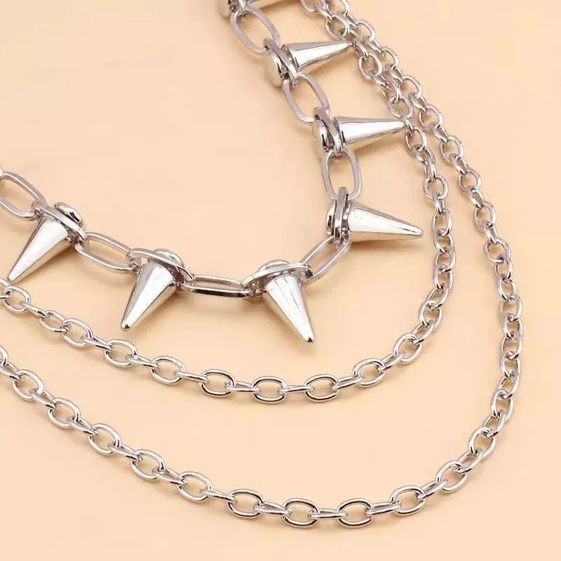 Silver punk metal chain pants decoration with rivets and zipper detailing, 115cm length