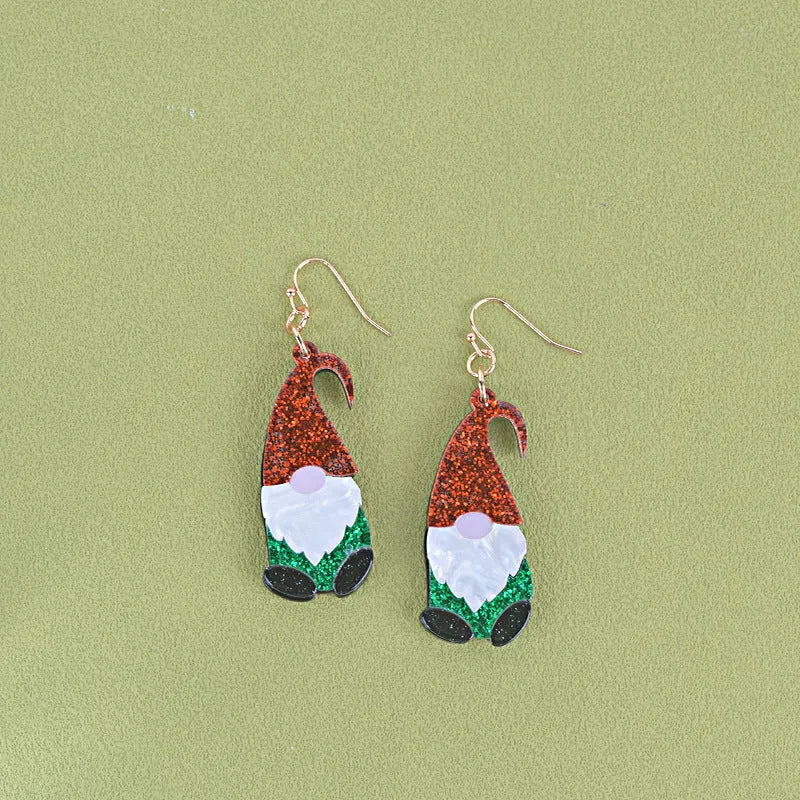 Cartoon Santa Claus character earrings in acrylic with red, green, or mixed hat styles