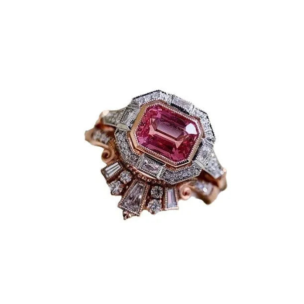 Rose gold geometric women's ring with ruby design in European American retro style