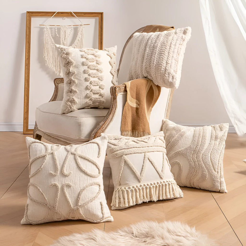 Decorative striped cushion cover with knitted tassel in a choice of six patterns and two sizes.