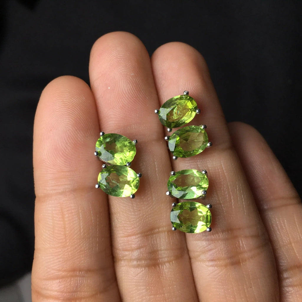 Grass green natural olivine stud earrings in S925 sterling silver with 6×8mm elliptical stones