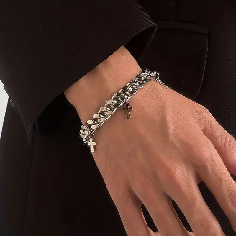 Titanium steel men's bracelet with geometric cross design in cold wind style