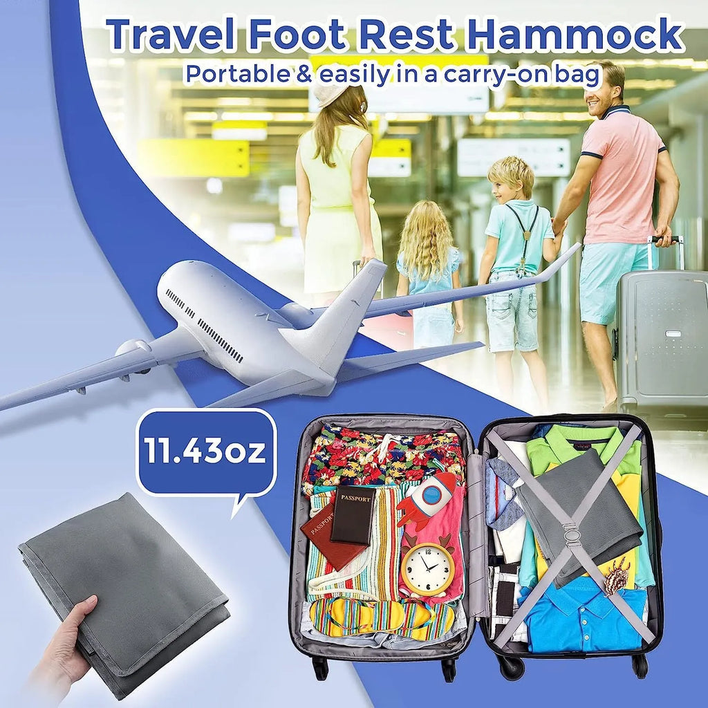 Portable blue children's aircraft seat extender with removable drawstring storage pocket folded for travel