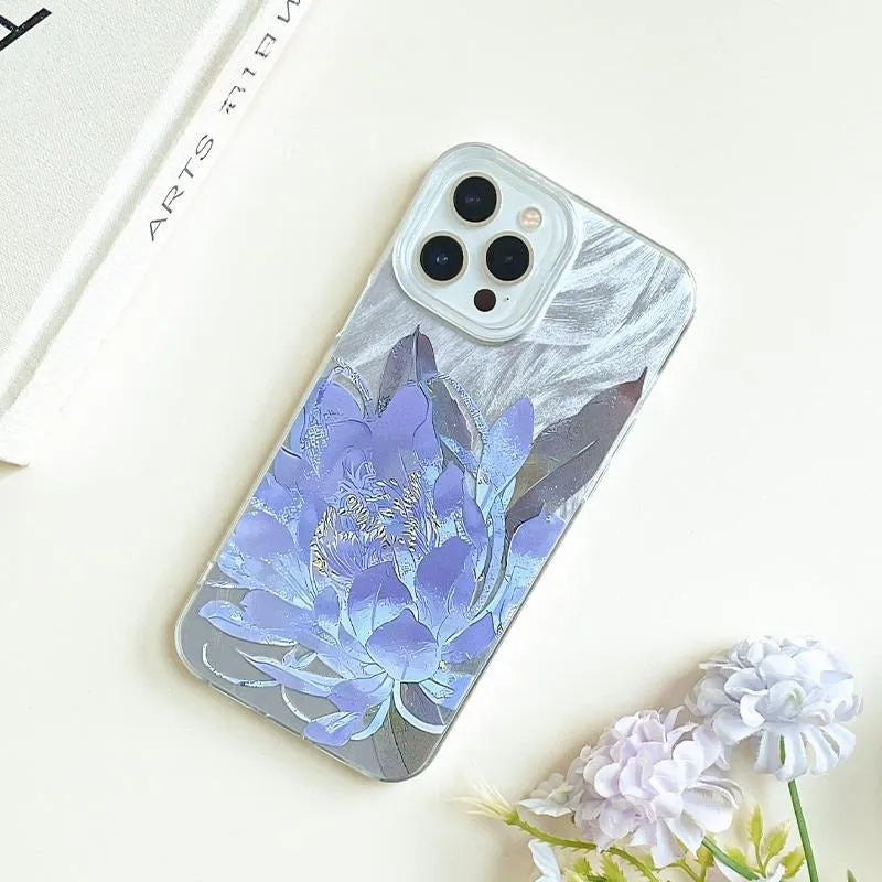 Blue Lotus Light Luxury Fairy design hard plastic case for iPhone on a white background.