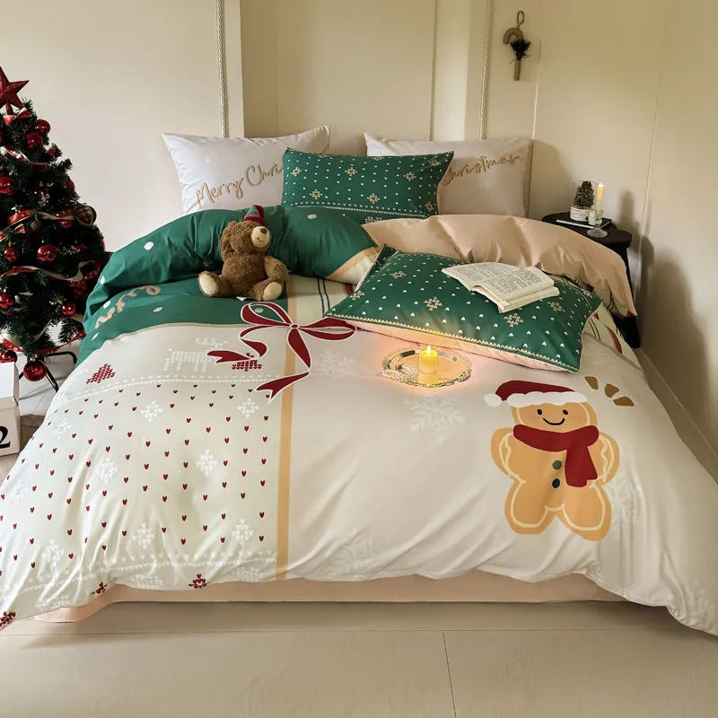 Christmas cartoon printed four-piece bedding set with sheet, quilt cover, and pillowcases.