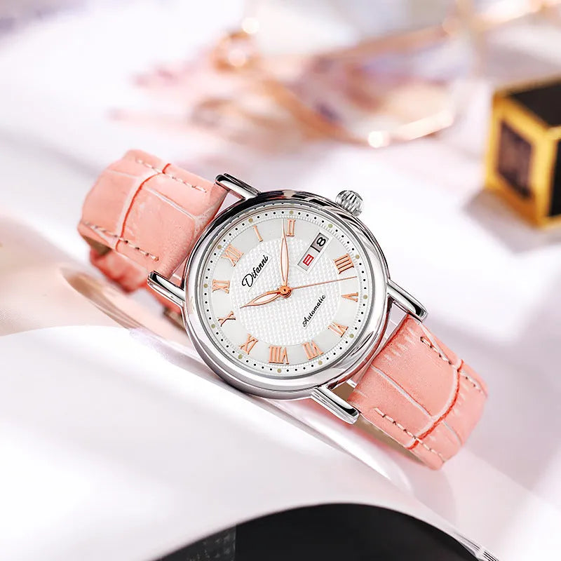 Women's automatic mechanical fashion watch with steel bracelet and white dial showing 12mm thickness