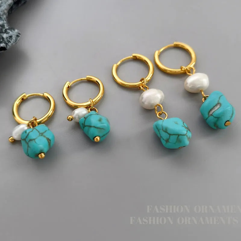 Geometric copper earrings with turquoise stones and cultured pearls, showing both short and long styles.