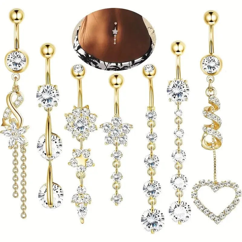 Geometric tassel pendant navel buckle in stainless steel, showing gold and silver colour options for women's belly button piercing ornament