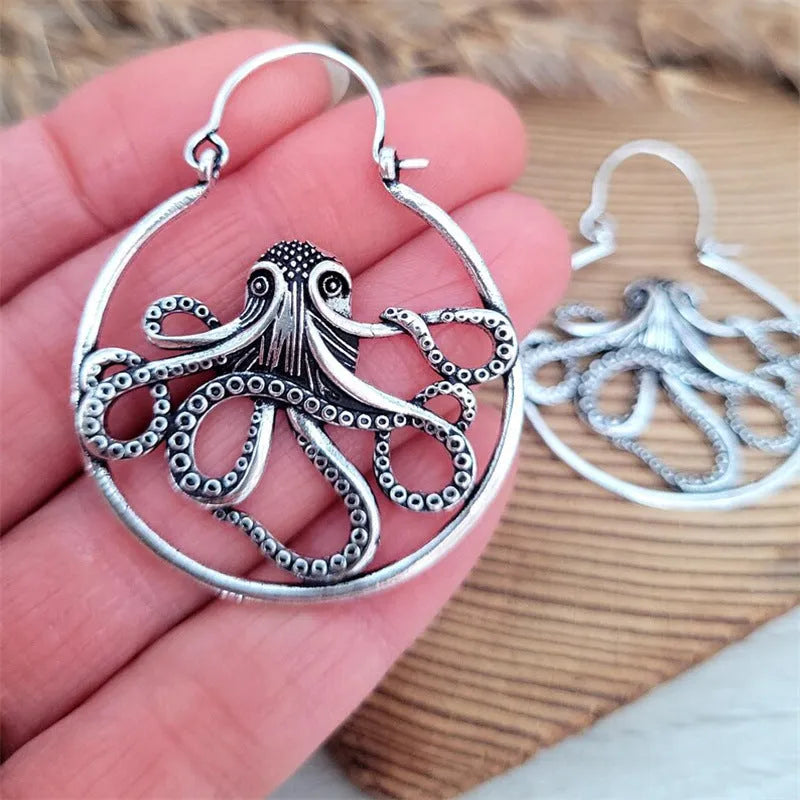 Vintage antique silver octopus earrings with zinc alloy construction and retro styling