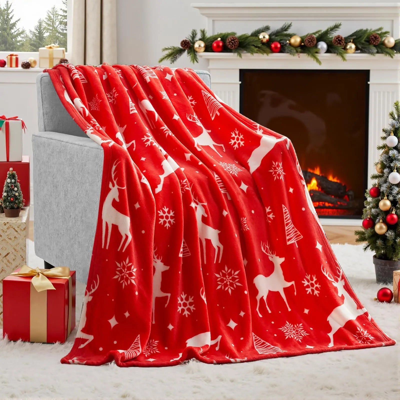 Soft flannel Christmas blanket in a plush polyester fabric, shown in one of five available colours.