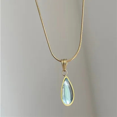 Retro water drop necklace with a blue or green gemstone pendant on a titanium steel snake bone chain.