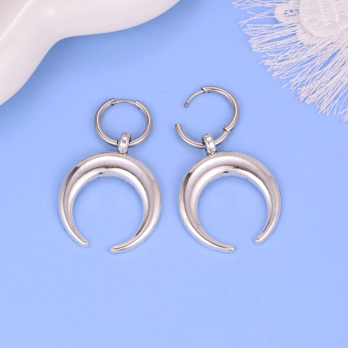 Silver geometric moon hoop earrings with clip-on back for punk gothic style