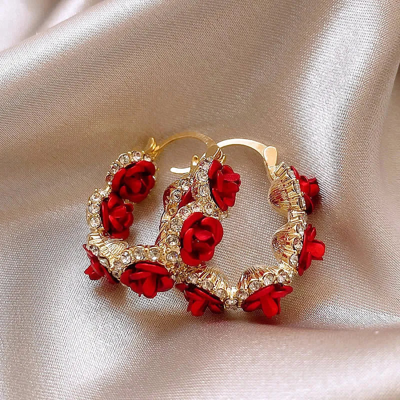 Red floral alloy clip-on earrings with rose design F155-A colour