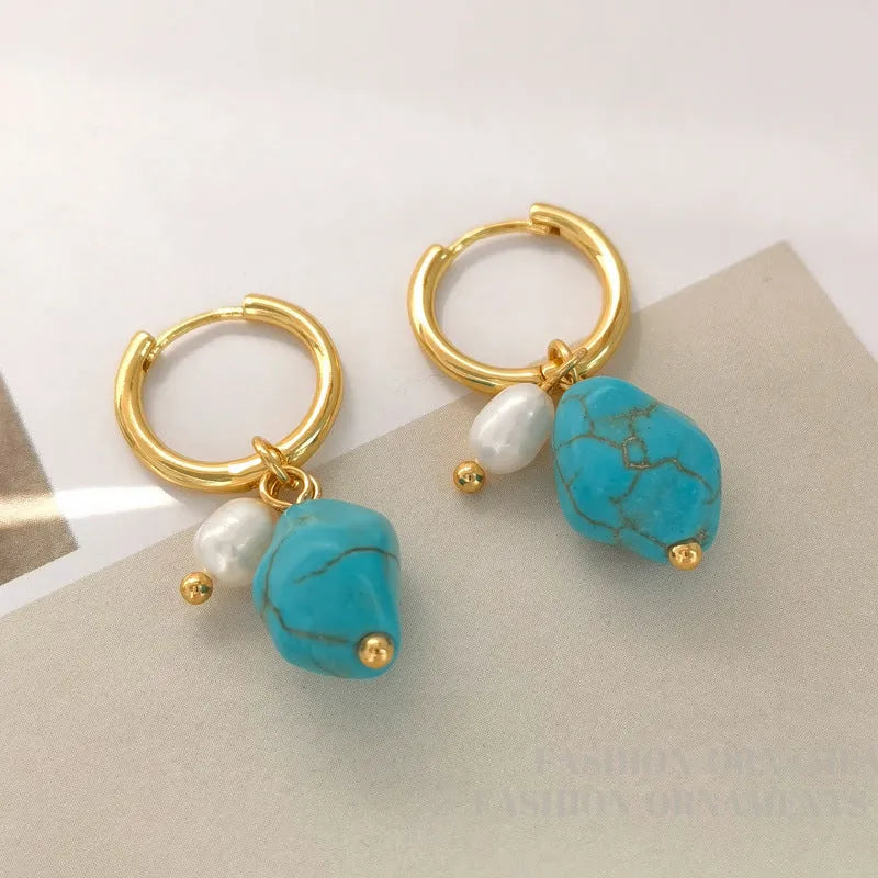Geometric copper earrings with turquoise stones and cultured pearls, showing both short and long styles.