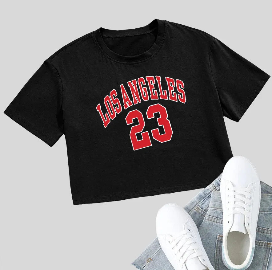 Personalised cotton loose fit t-shirt with exposed navel design and printed English letters in black and white options