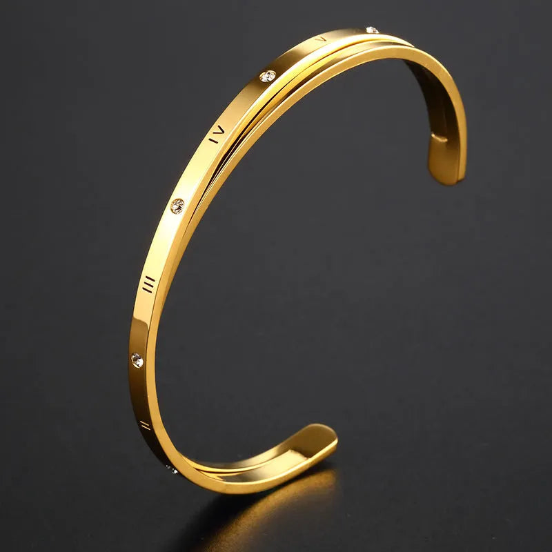 Ladies open-ended bracelet with zircon inlay in stainless steel with electroplated rose, gold or steel finish