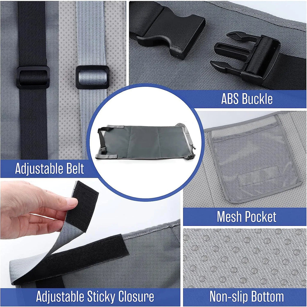 Portable blue children's aircraft seat extender with removable drawstring storage pocket folded for travel