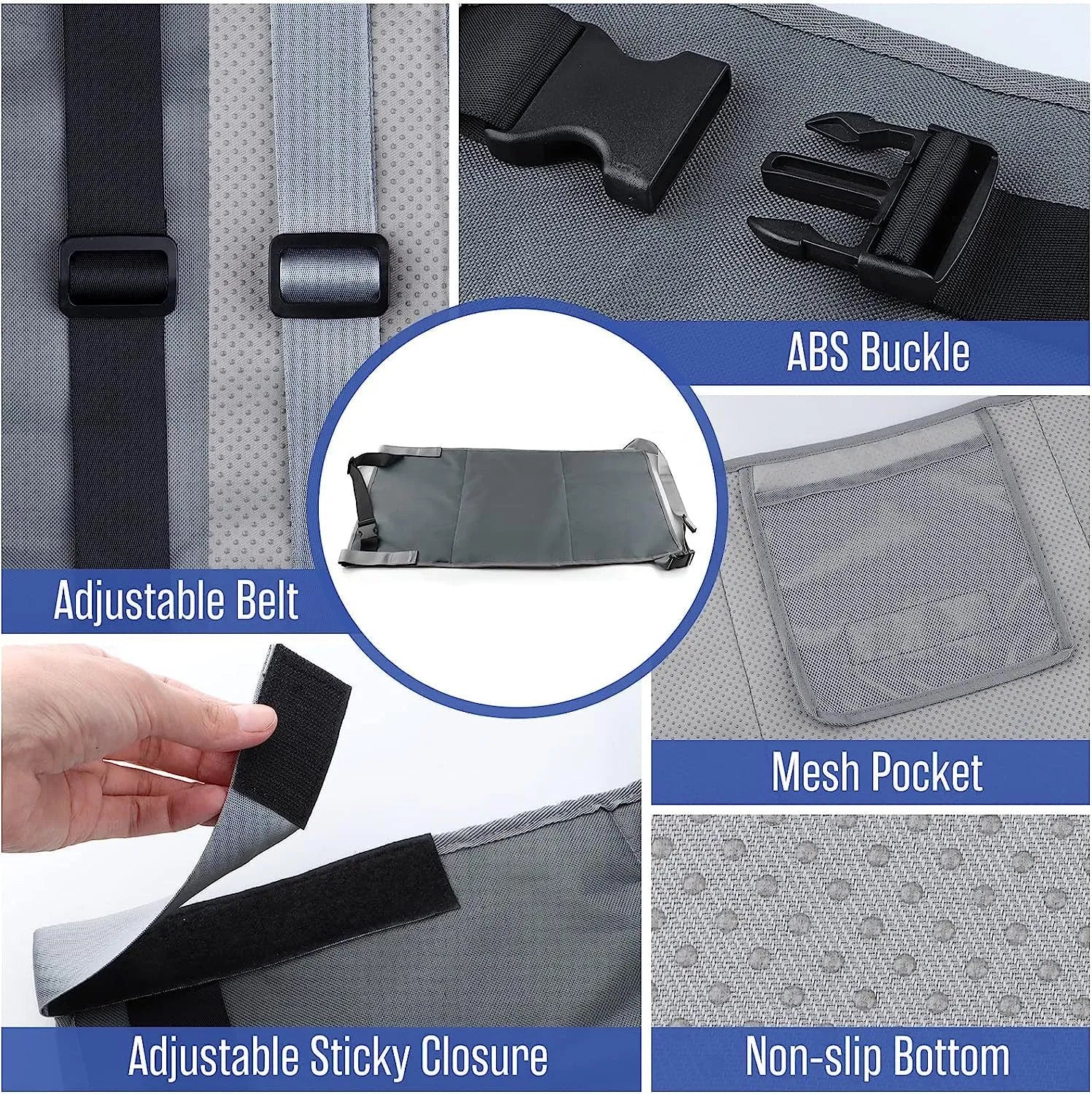 Portable blue children's aircraft seat extender with removable drawstring storage pocket folded for travel
