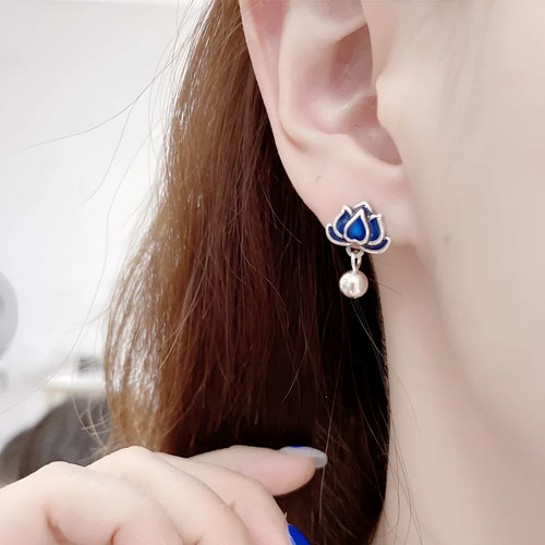Blue lotus earrings with retro artistic design and lotus seedpod tassel, measuring 1.2cm wide