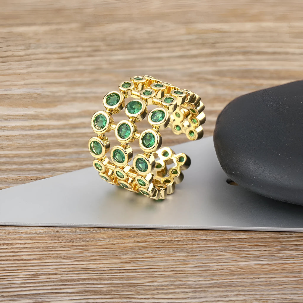Copper plated 18K gold three-layer green zircon wide ring for men and women