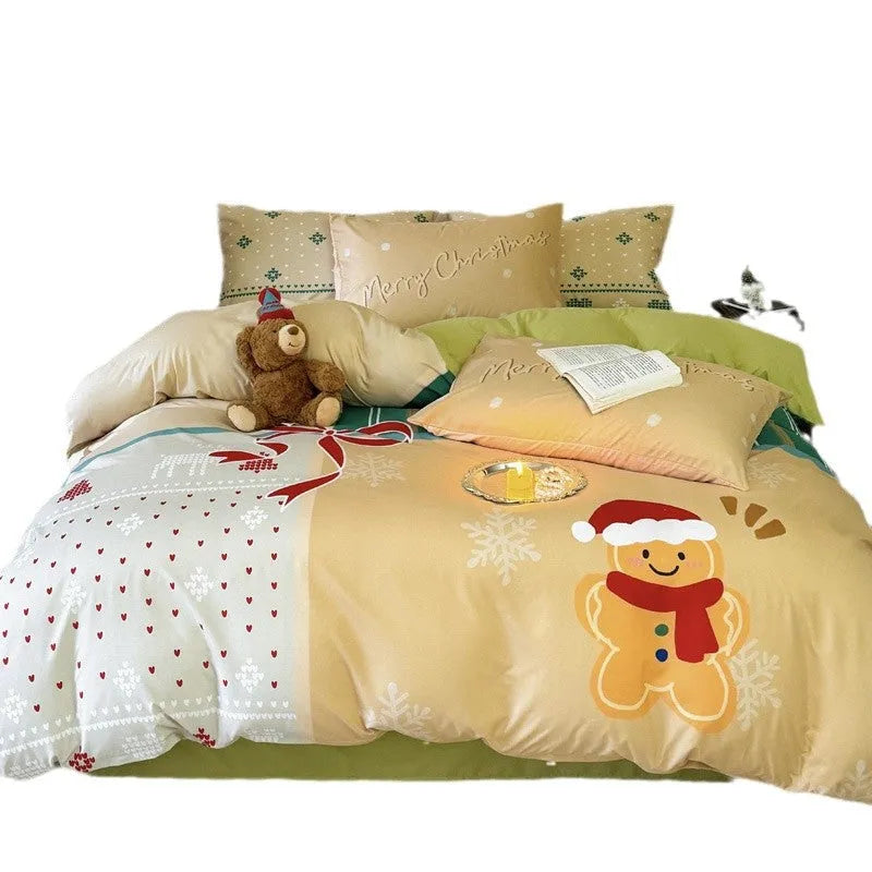 Christmas cartoon printed four-piece bedding set with sheet, quilt cover, and pillowcases.