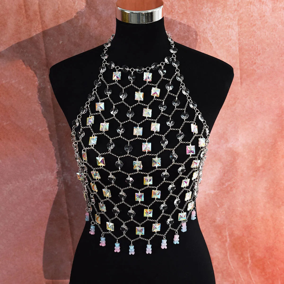 Transparent acrylic crystal body chain with hand-woven plastic and resin sequins in round shapes