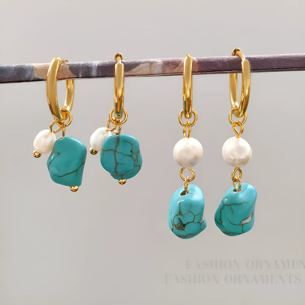 Geometric copper earrings with turquoise stones and cultured pearls, showing both short and long styles.