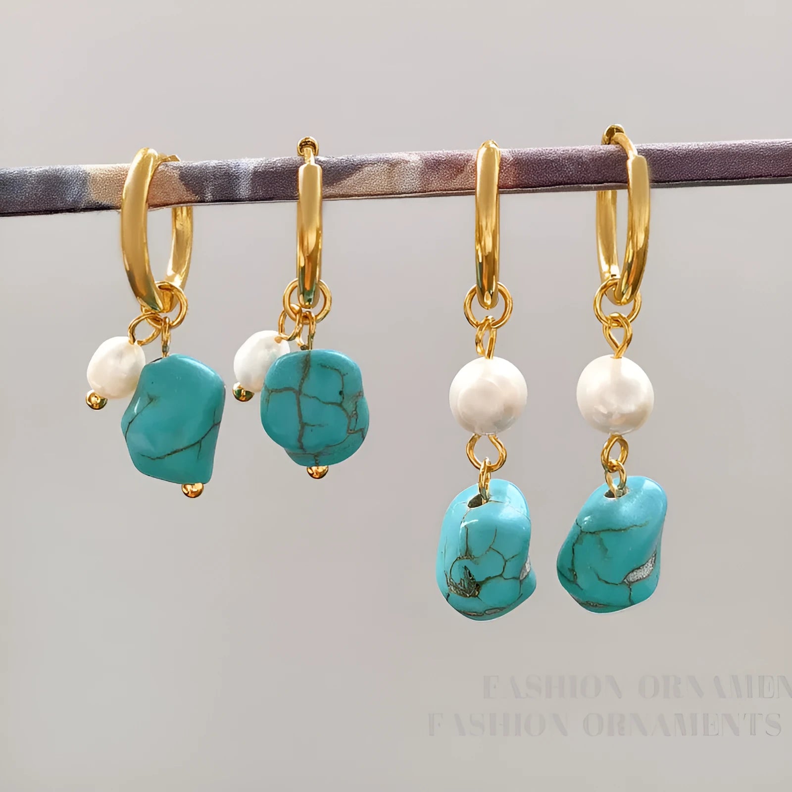 Geometric copper earrings with turquoise stones and cultured pearls, showing both short and long styles.