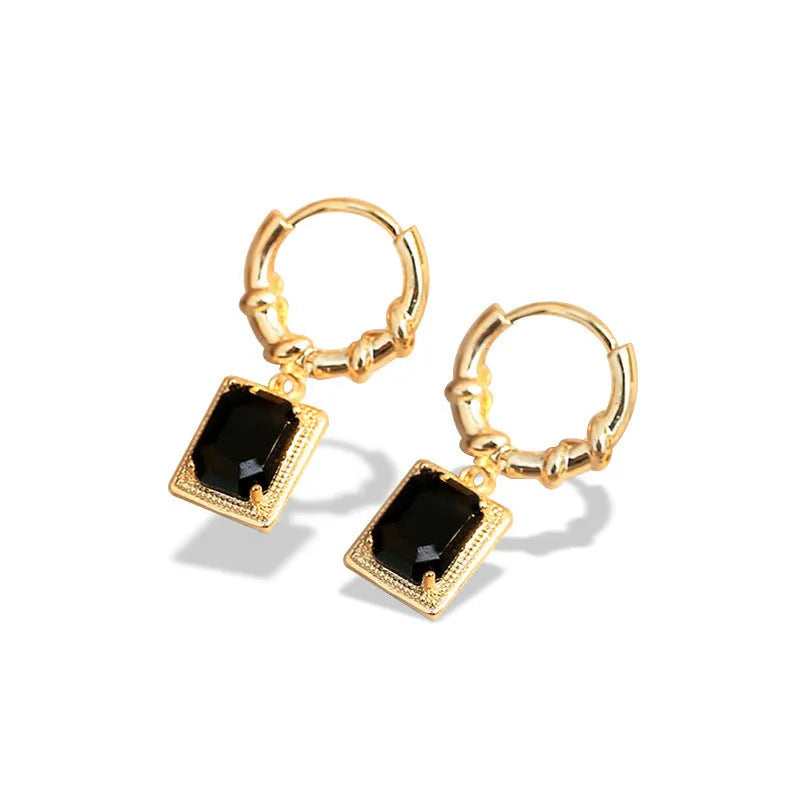 Black zircon French court earrings with geometric quadrilateral design and drop silhouette
