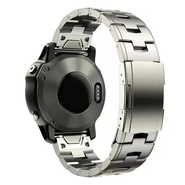 Metal watch strap for Garmin Jiaming Fenix series in silver, black, titanium colours, showing 22mm and 26mm size options.
