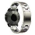 Metal watch strap for Garmin Jiaming Fenix series in silver, black, titanium colours, showing 22mm and 26mm size options.