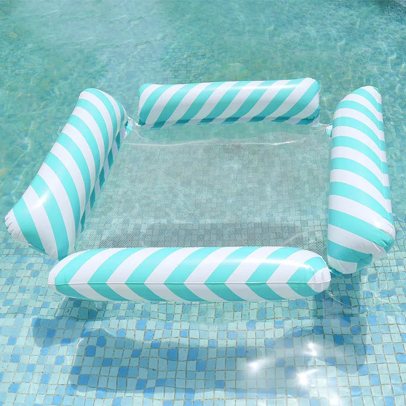Inflatable four-tube deck chair floating on water with a striped pattern and mesh centre seat.