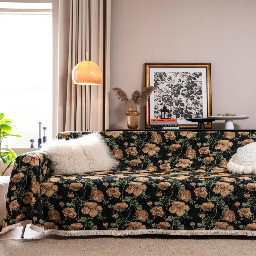 American country jacquard floral sofa cover in cherry white beard colour on a living room sofa