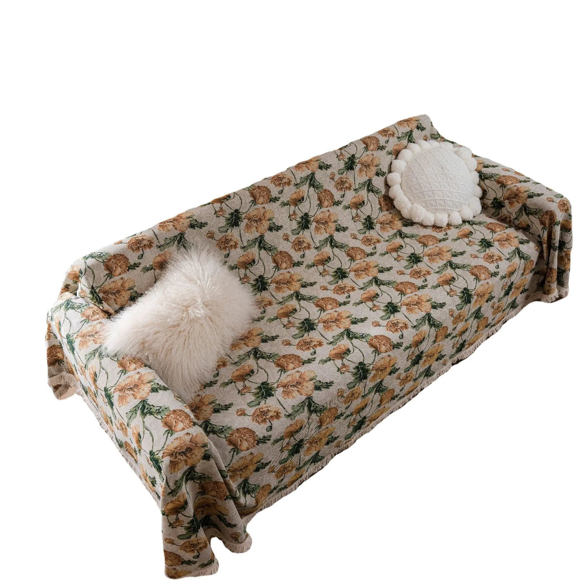 American country jacquard floral sofa cover in cherry white beard colour on a living room sofa