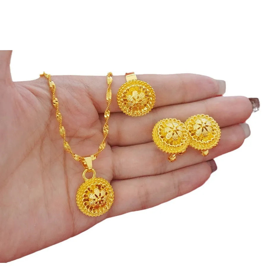 Flower design gold-plated three-piece jewellery suit with water wave chain necklace, earrings and ring