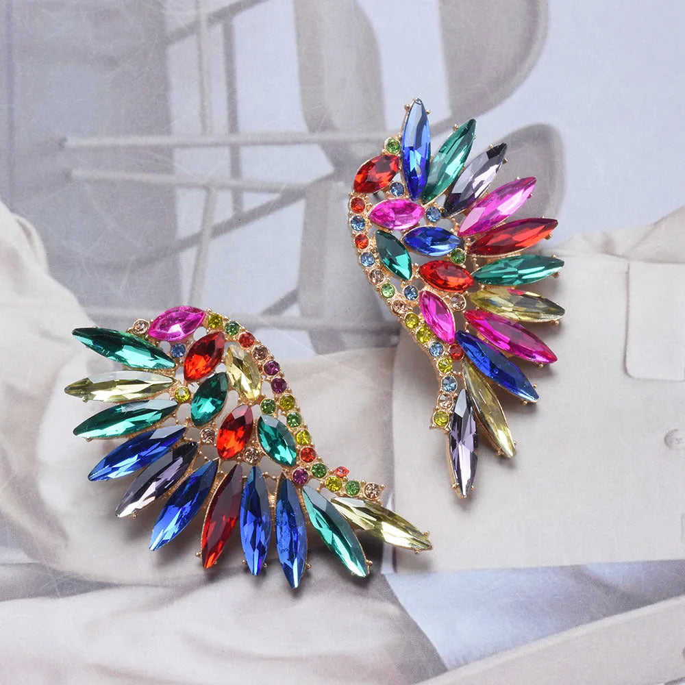 Women's exaggerated long flower earrings with rhinestone petals, 5cm drop, available in 6 colour options