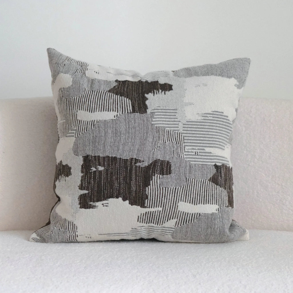 Coffee brown striped mid-century cushion pillow on sofa in square and rectangular sizes