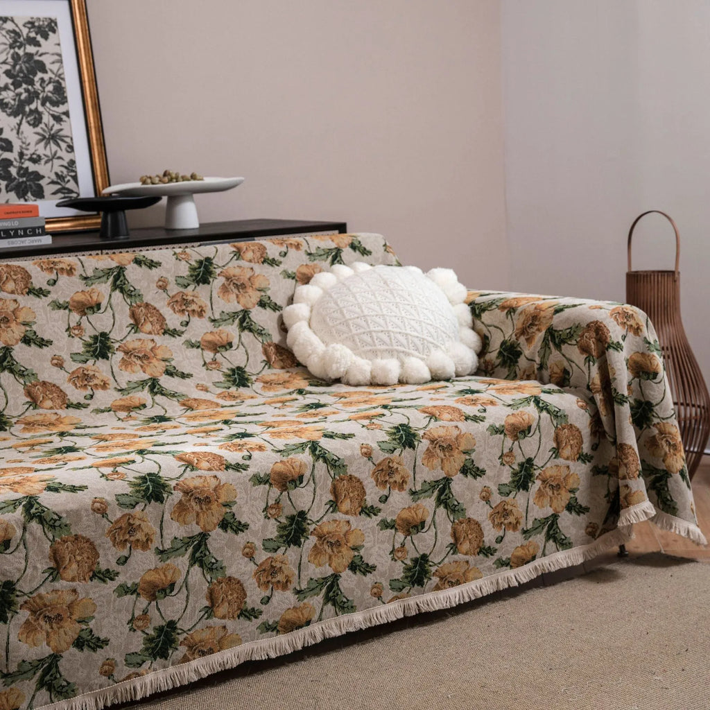 American country jacquard floral sofa cover in cherry white beard colour on a living room sofa
