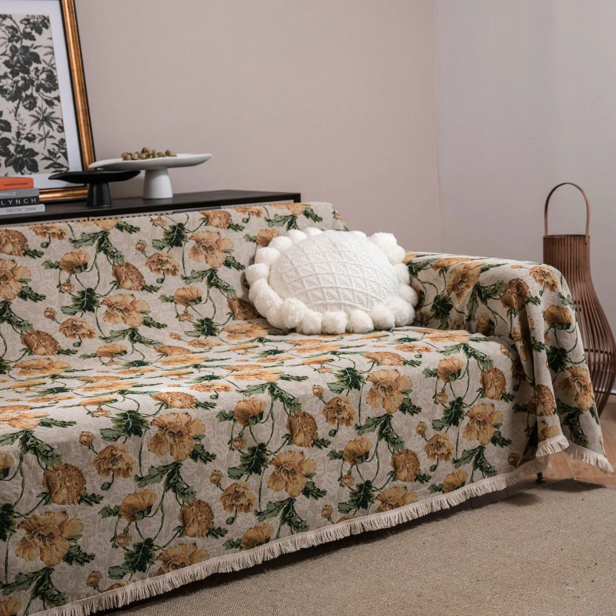 American country jacquard floral sofa cover in cherry white beard colour on a living room sofa