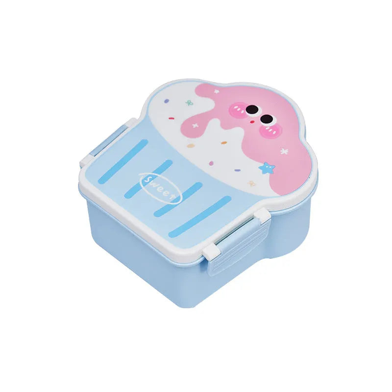 Pink and blue ice cream shaped plastic lunch box with compartments and included utensils