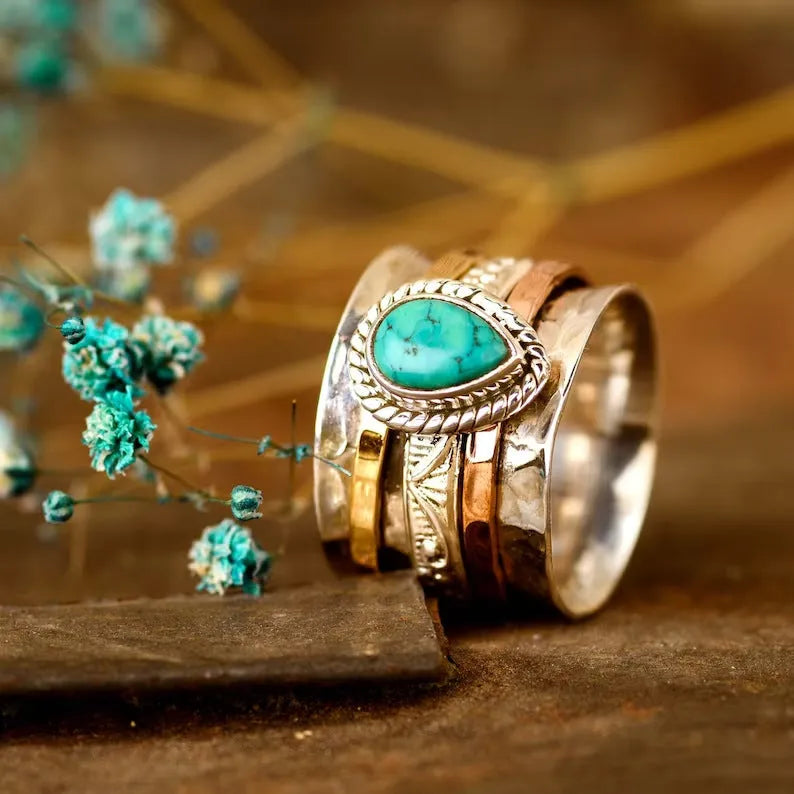 Retro green pine three-colour alloy ring showing detailed design and electroplated finish