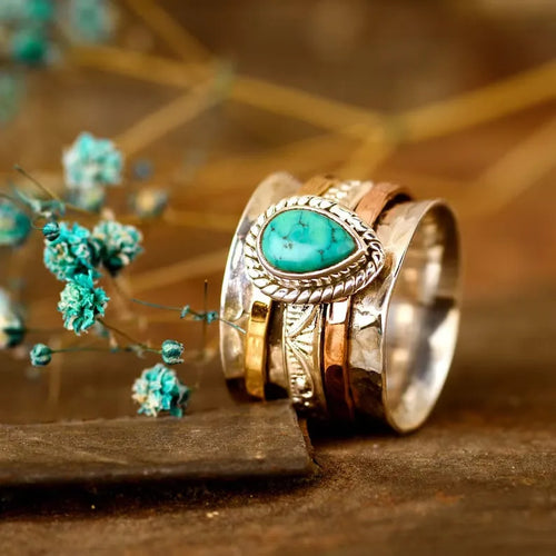 Retro green pine three-colour alloy ring showing detailed design and electroplated finish