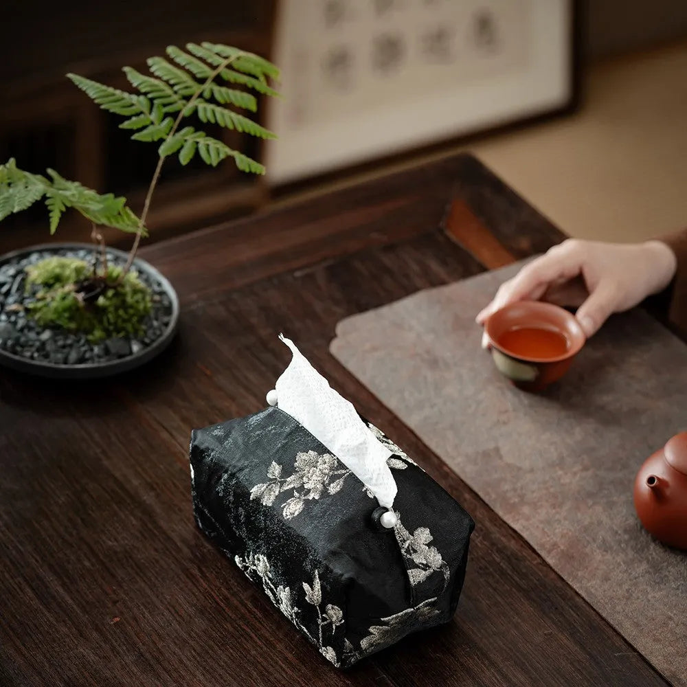 New Chinese style brocade fabric tissue box with embroidered white plum pattern and pearl buckle detail