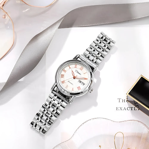Women's automatic mechanical fashion watch with steel bracelet and white dial showing 12mm thickness