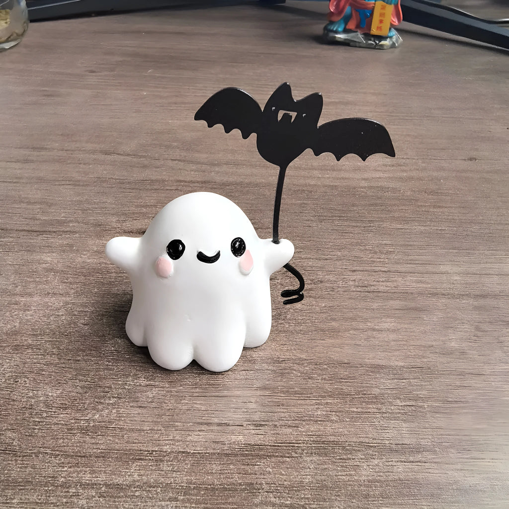 Mini resin Halloween ghost statue walking a dog and holding a bat, 4cm tall