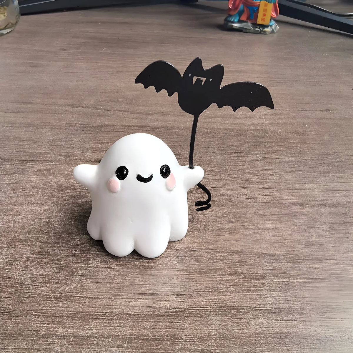 Mini resin Halloween ghost statue walking a dog and holding a bat, 4cm tall