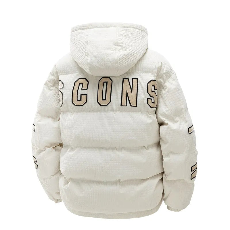 Men's black Korean style hooded winter coat with letter print detail and side pockets