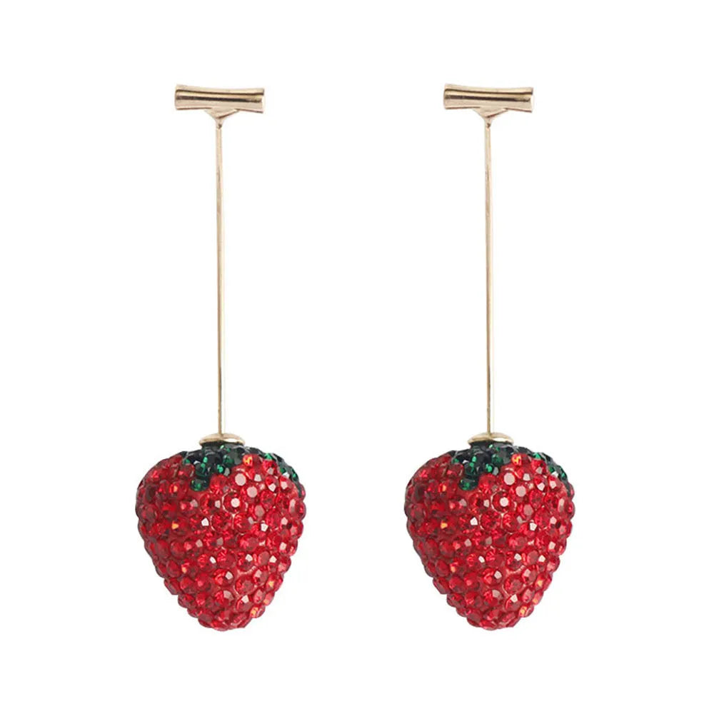 Pair of women's geometric strawberry charm earrings in zinc alloy, spot drill red finish.