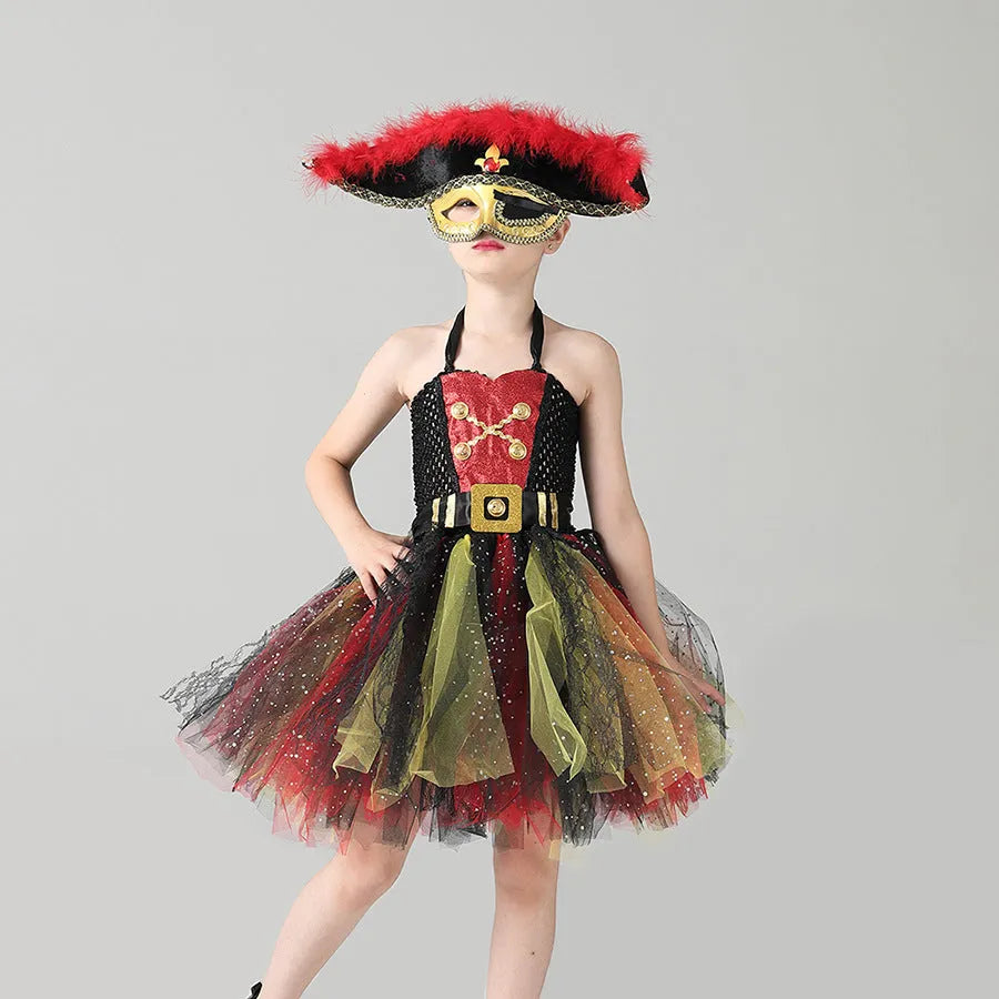Girls sleeveless pirate costume dress with gauze mesh skirt, sequins, and lace detail