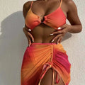 Orange gradient print women's three-piece bikini with hollow suspenders and a loop buckle.